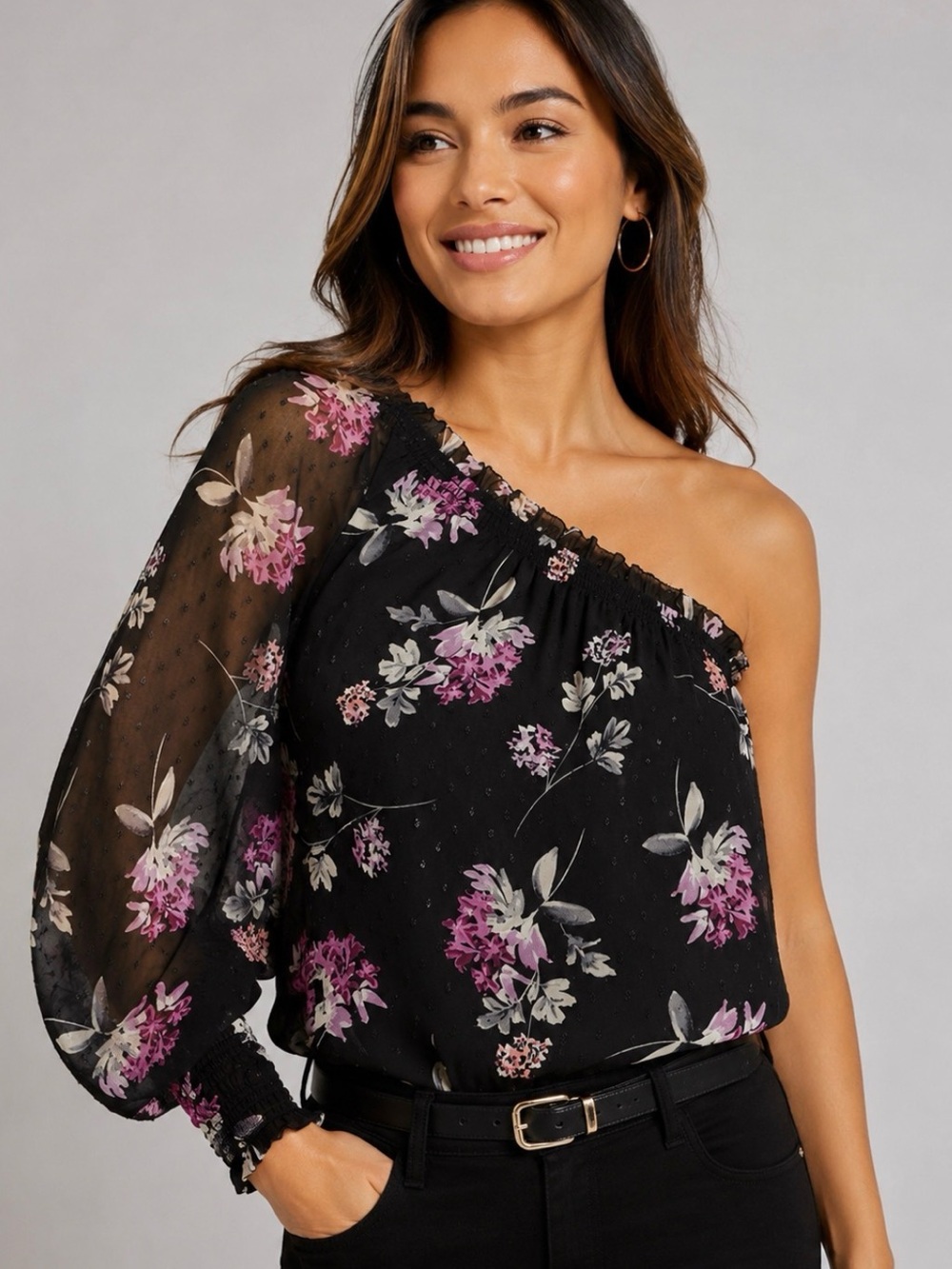 White House Black Market Black Floral Puff-Sleeve Blouse with Smocked Neckline